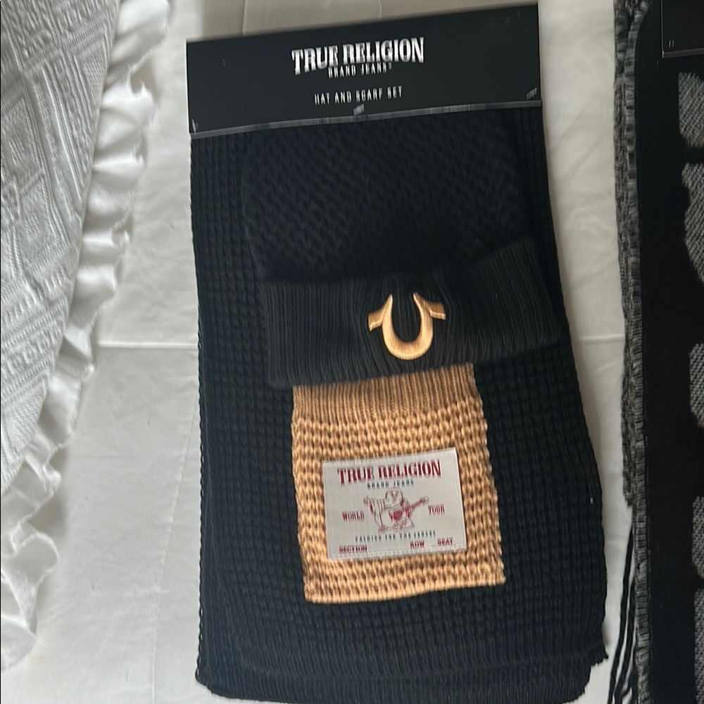 True Religion Black and Brown Hat and Scarf Set